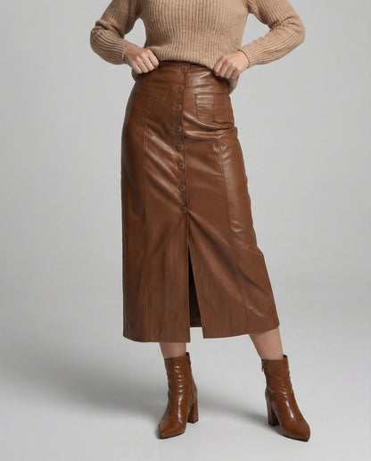 Damen Lederrock Lang Knöpfe Schwarz Elegent - Norvielle