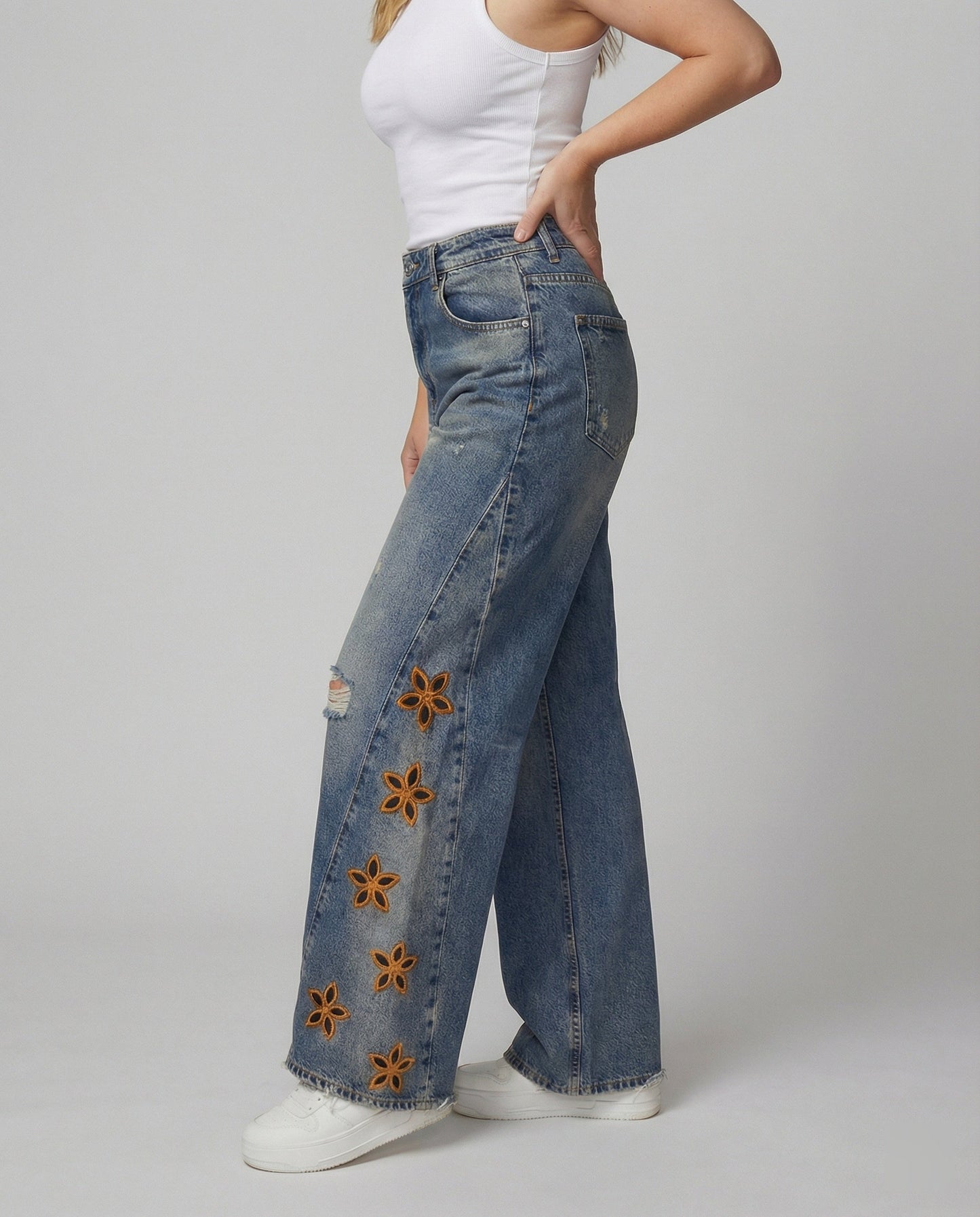 Damen Jeans Blumenmuster Bunt