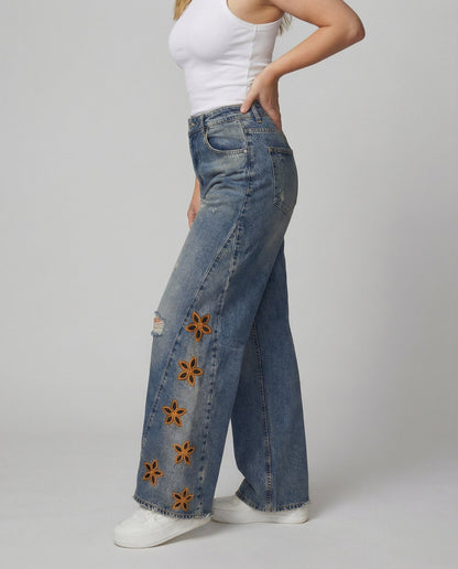 Damen Jeans Blumenmuster Bunt