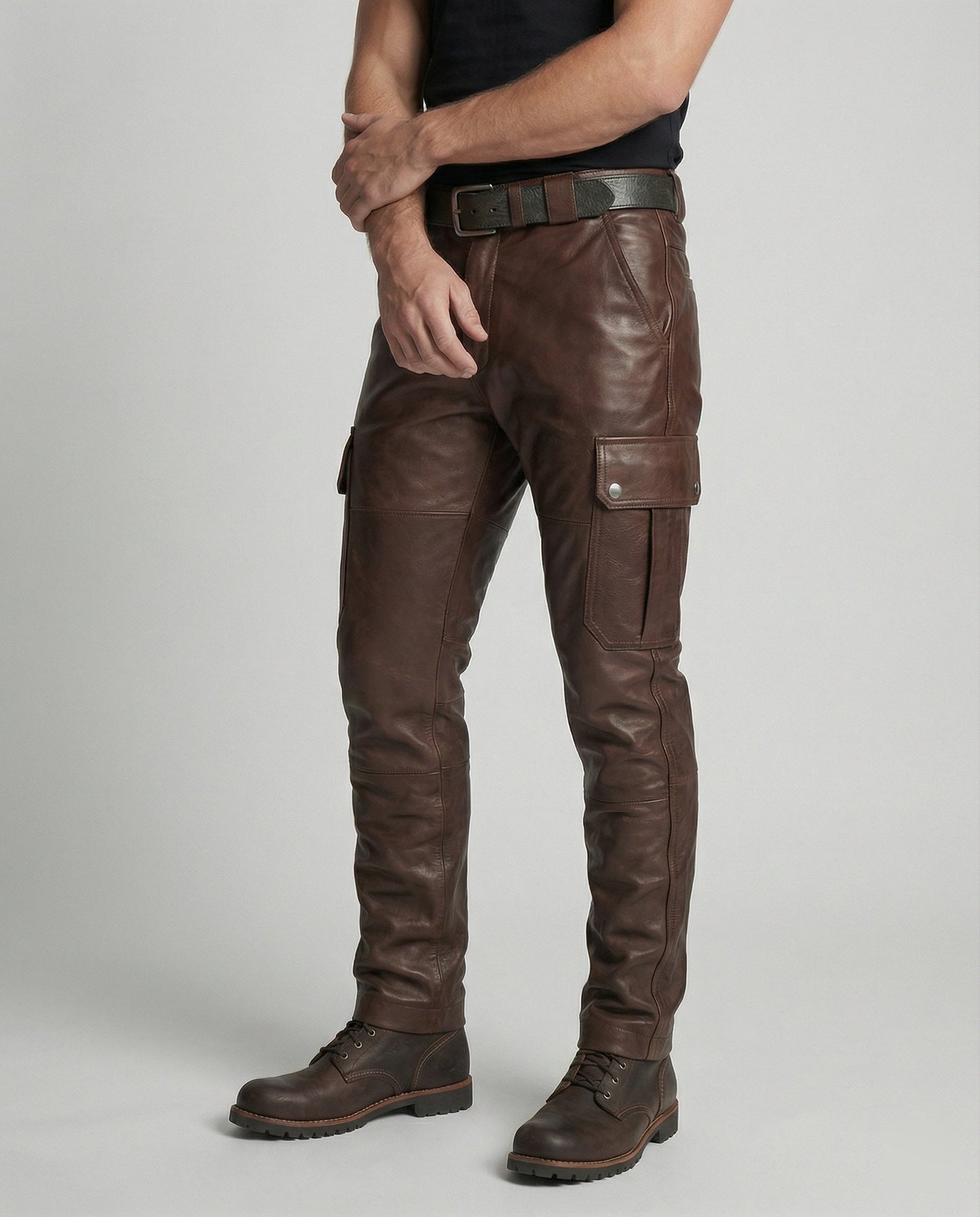 Herren Lederhose Cargo Robust Mit vielen Taschen Schwarz - Norvielle