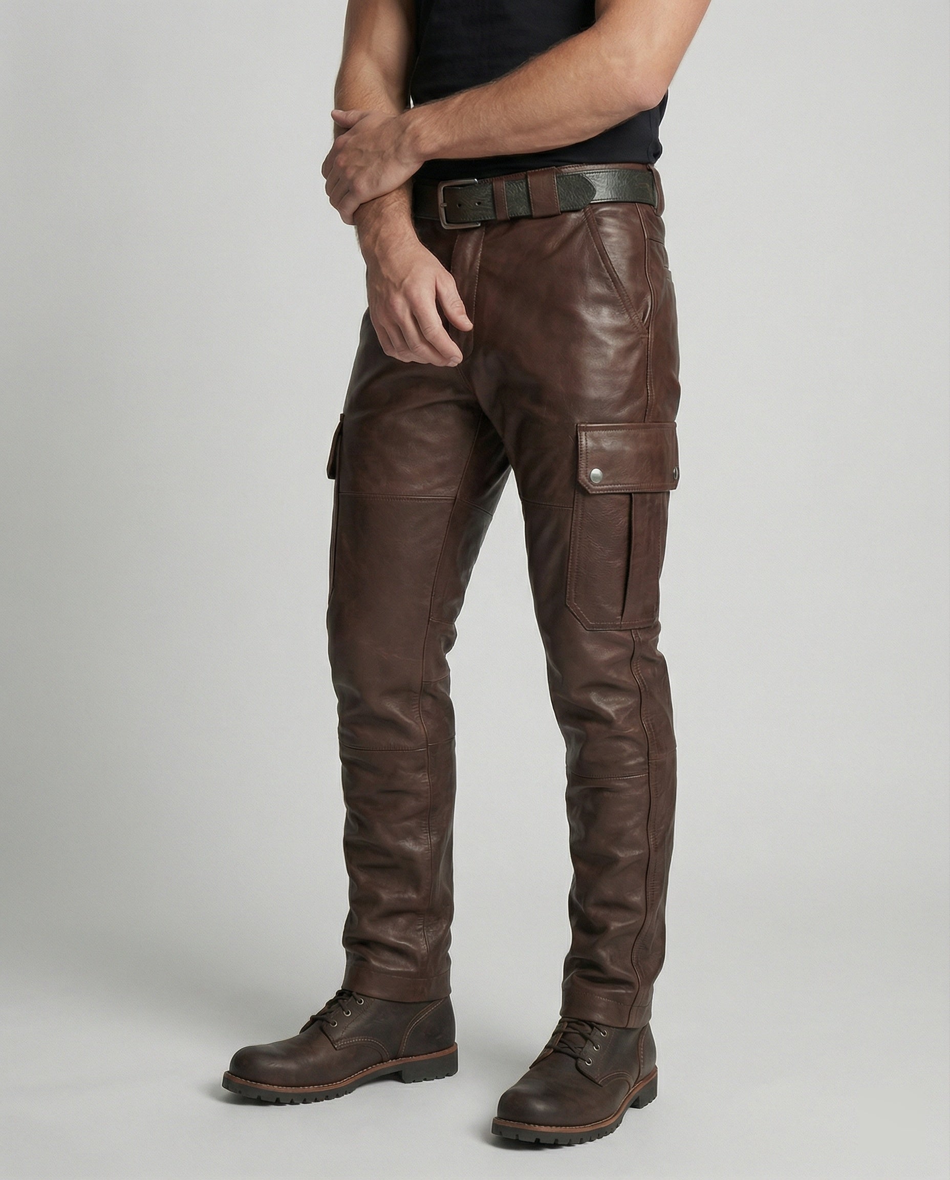 Herren Lederhose Cargo Robust Mit vielen Taschen Schwarz - Norvielle