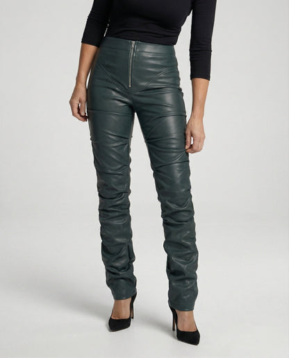 Damen High-Waist-Hose Kunstleder Weites Bein