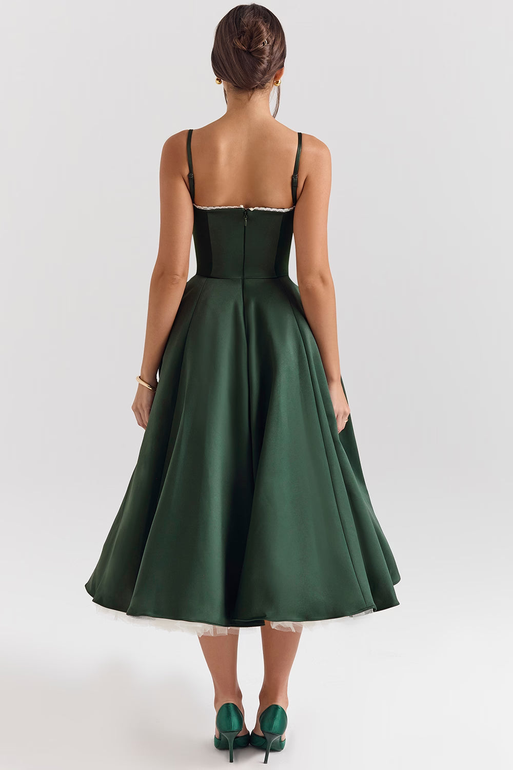 dunkelgrünes elegant corset midi dress rückansicht voller rock
