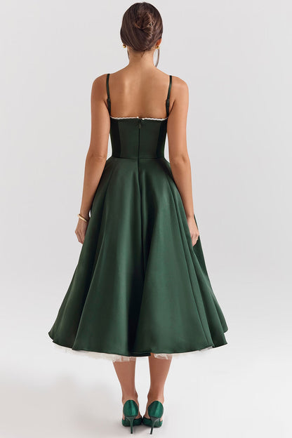 dunkelgrünes elegant corset midi dress rückansicht voller rock
