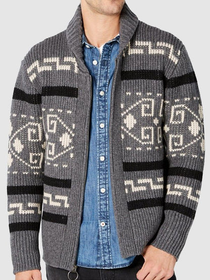Herren Strickjacke Muster Schalkragen Frühling
