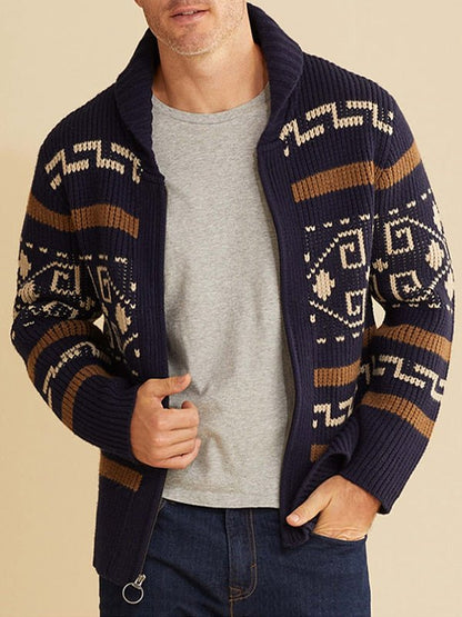 Herren Strickjacke Muster Schalkragen Frühling