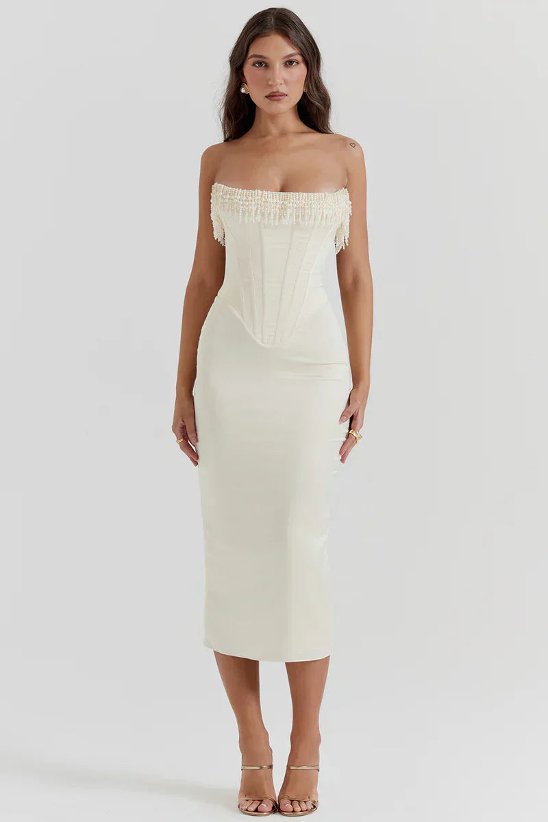 Damen Midikleid Satin mit Perlen Dekor