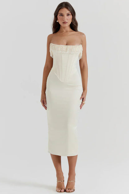 Damen Midikleid Satin mit Perlen Dekor