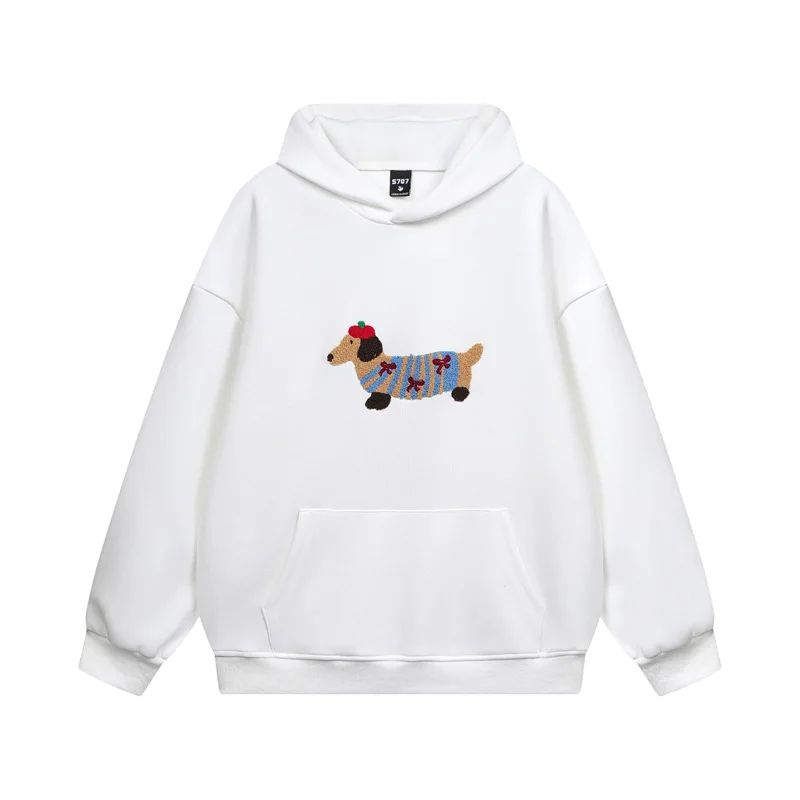 Weißer Hoodie mit Dackel-Stickerei Vorderseite

