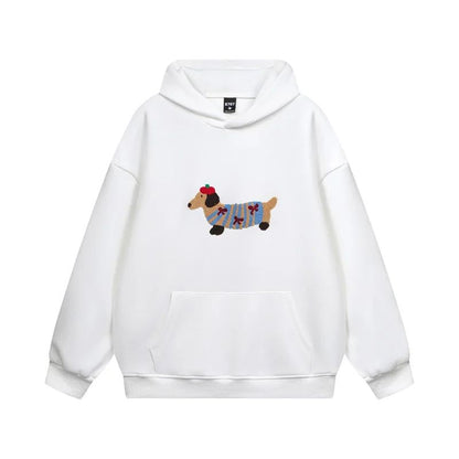 Weißer Hoodie mit Dackel-Stickerei Vorderseite
