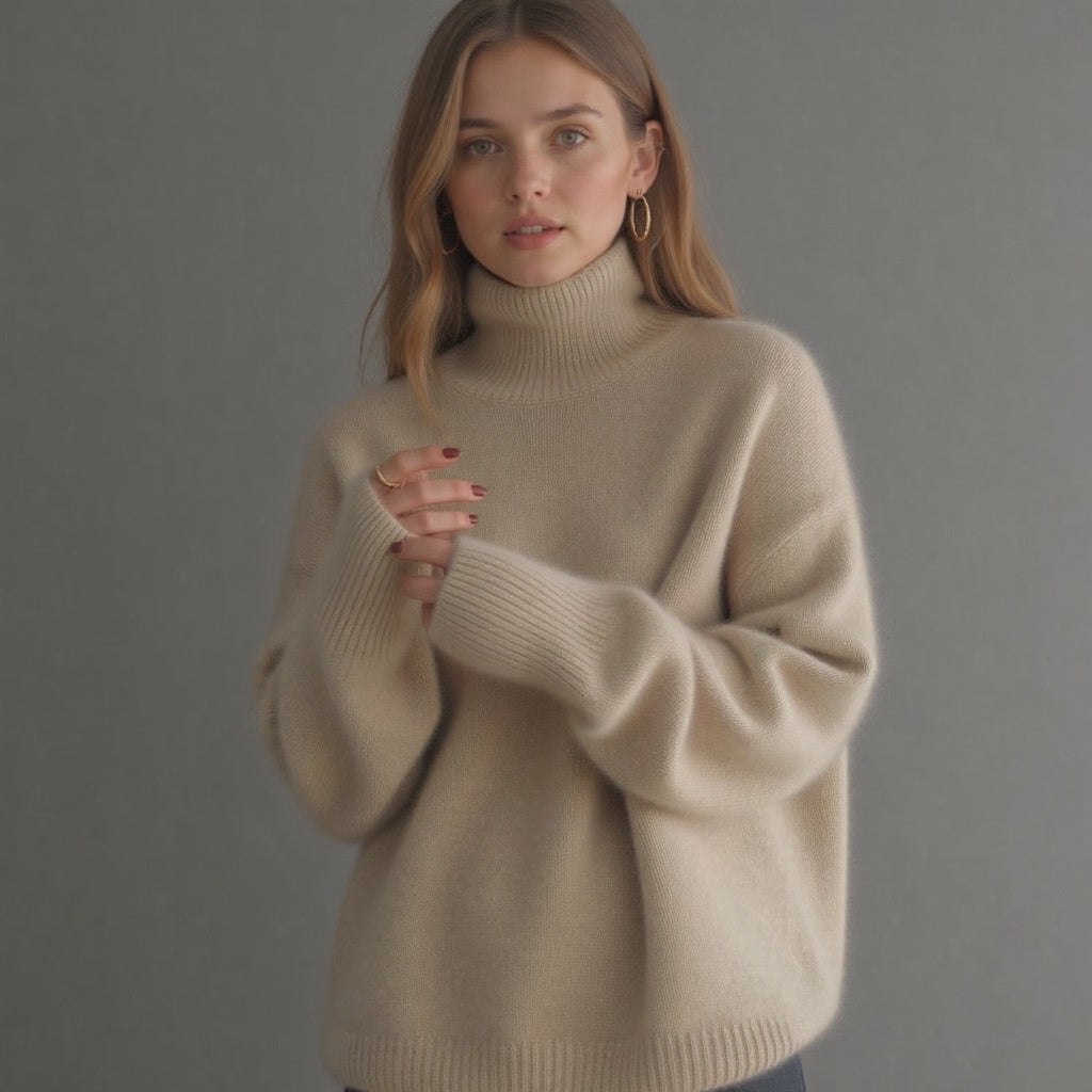Damen Rollkragenpullover Oversized Warm aus Wolle Schwarz - Norvielle
