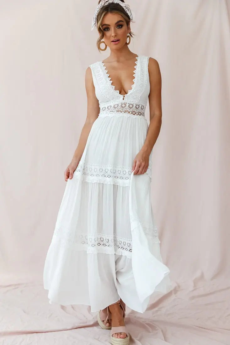 Weißes Häkelmaxikleid Damen V-Ausschnitt Sommerkleid - Norvielle
