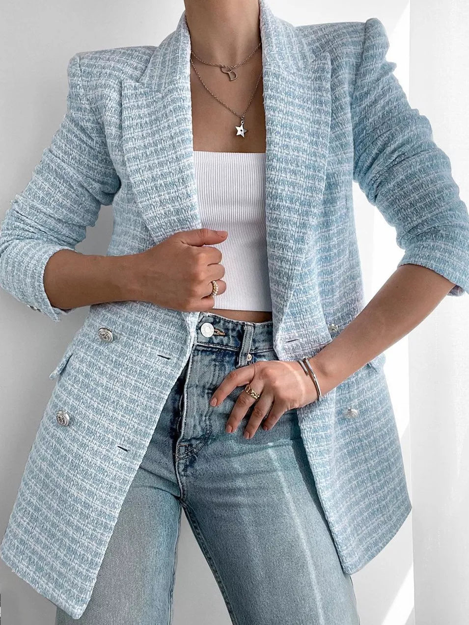 Damen Blazer Hellblau Mit Knöpfen Modern