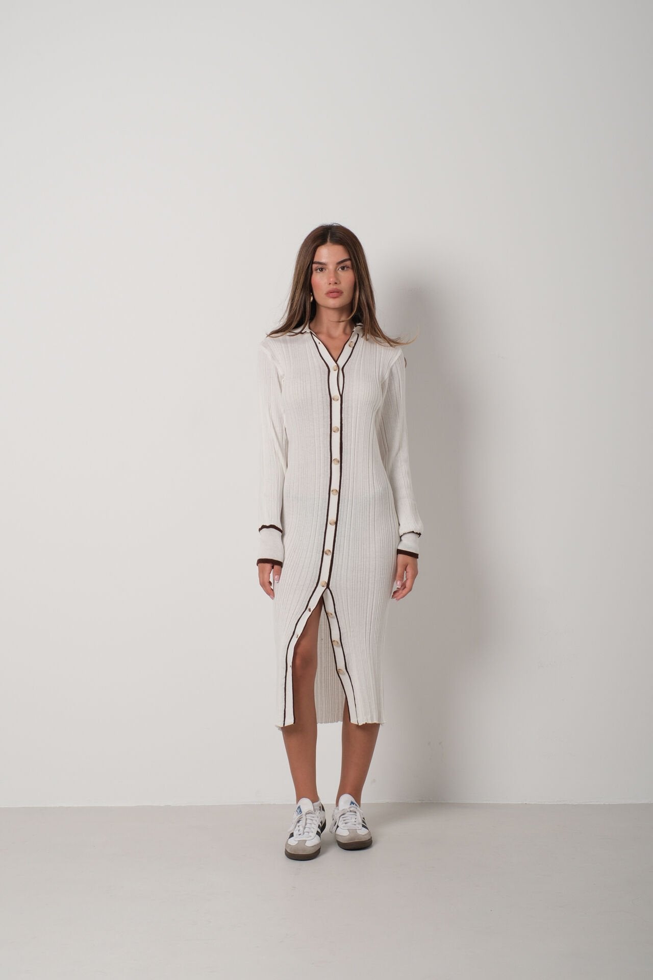 Damen Strickkleid Gerippt Knöpfe Kontraststreifen