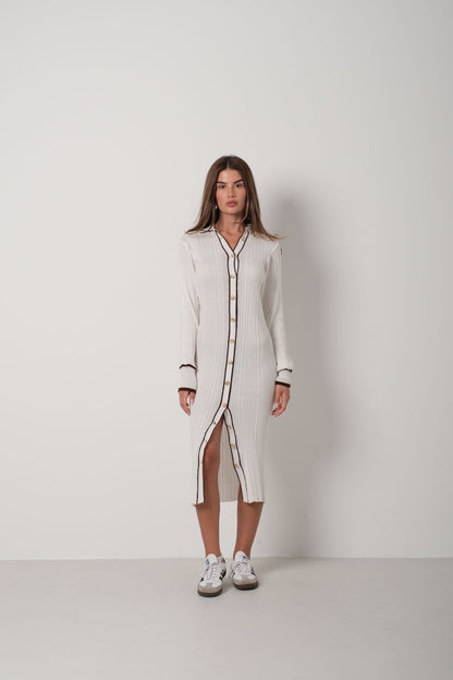 Damen Strickkleid Gerippt Knöpfe Kontraststreifen