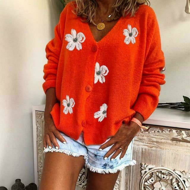 Damen Strickjacke Blumenstickerei Modern