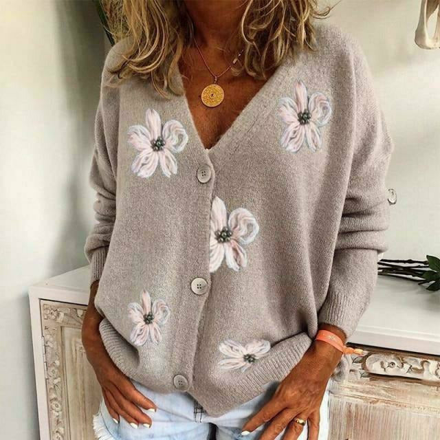 Damen Strickjacke Blumenstickerei Modern