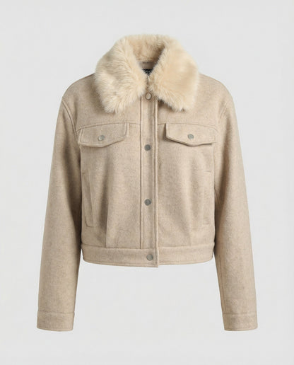 Damen Wolljacke mit Kunstfellkragen Warm
