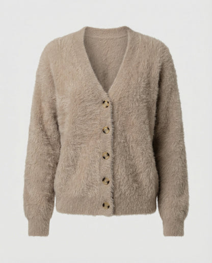 Damen Strickjacke V-Ausschnitt Flauschig Große Knöpfe