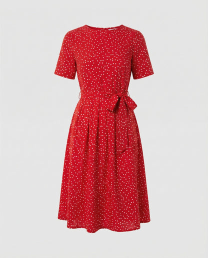Damen Midi-Kleid mit Punkten und Taillengürtel Elegant
