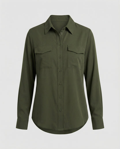 Damen Bluse Langarm Baumwolle Mit Brusttaschen