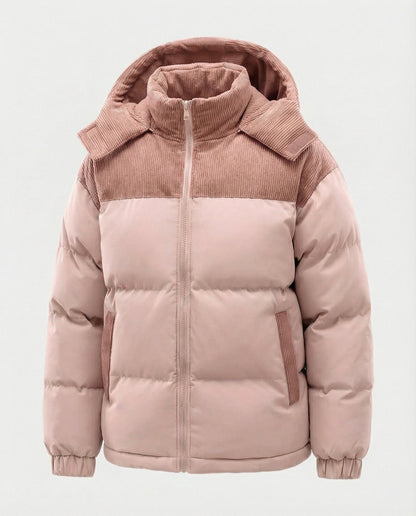 Modische Damen Kapuzenjacke Puffärmel Farbblock Design