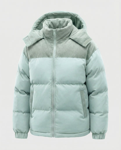 Modische Damen Kapuzenjacke Puffärmel Farbblock Design