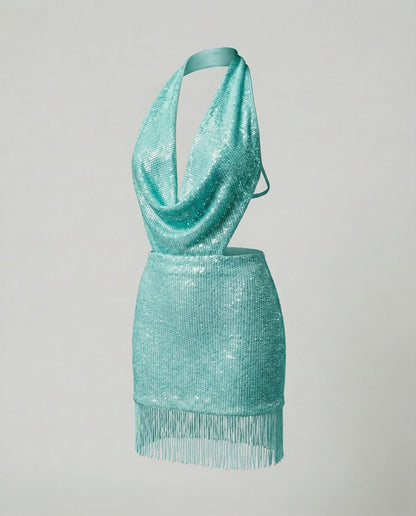 Damen Abendkleid Pailletten Fransen Glitzer