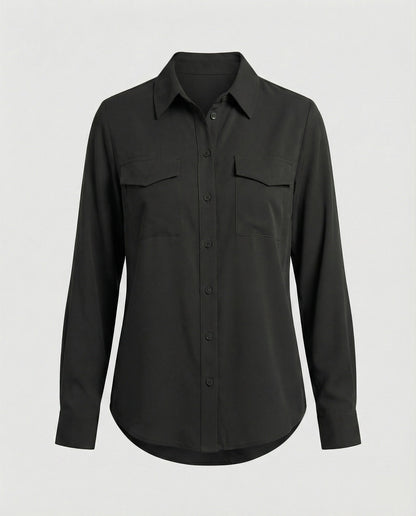 Damen Bluse Langarm Baumwolle Mit Brusttaschen