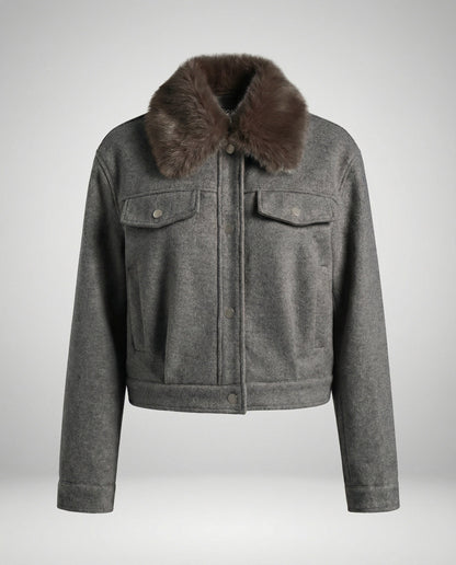 Damen Wolljacke mit Kunstfellkragen Warm