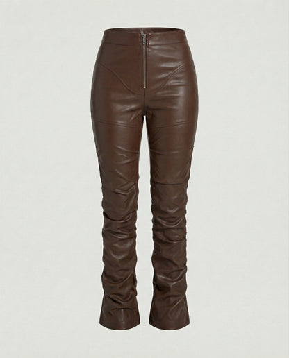 Damen High-Waist-Hose Kunstleder Weites Bein