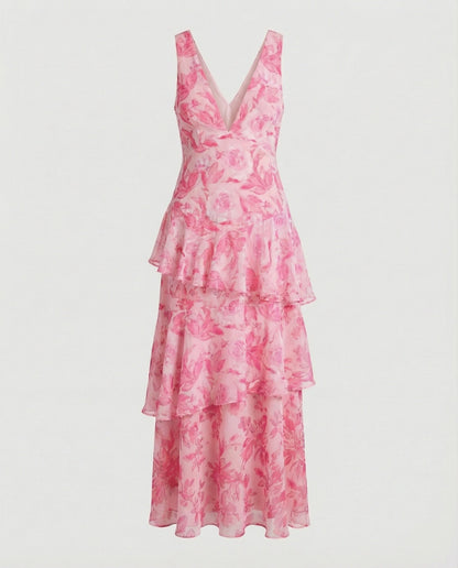 Damen Maxikleid mit Rüschen und tiefem Dekolleté