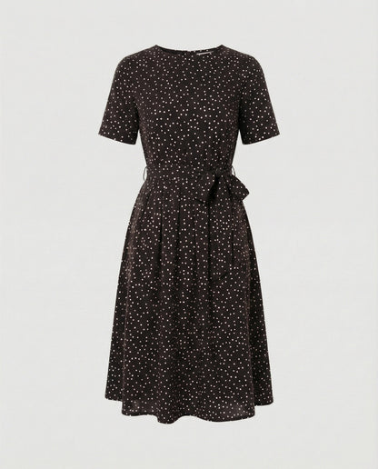 Damen Midi-Kleid mit Punkten und Taillengürtel Elegant