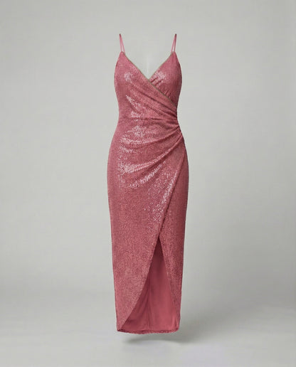 Damen Wickelkleid Hochgeschlitzt Glitzernd