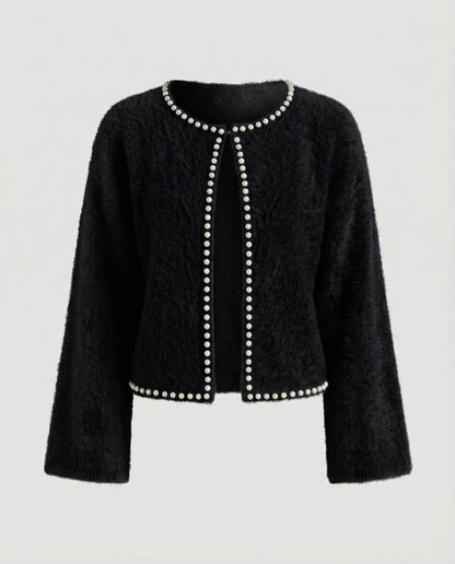 Damen Strickjacke Flauschig Perlen Verzierung