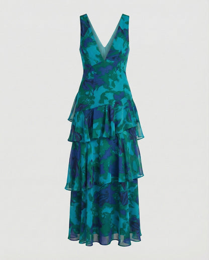 Damen Maxikleid mit Rüschen und tiefem Dekolleté