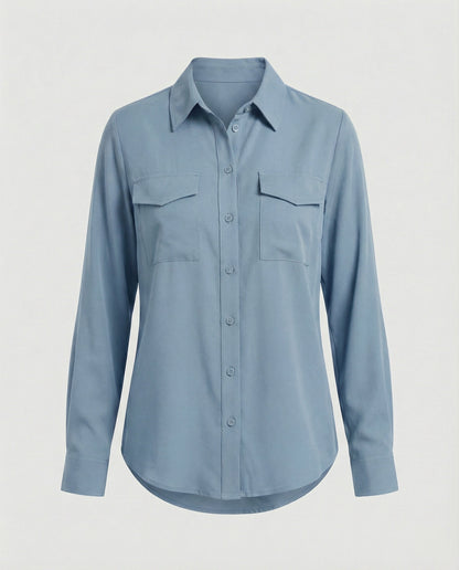 Damen Bluse Langarm Baumwolle Mit Brusttaschen