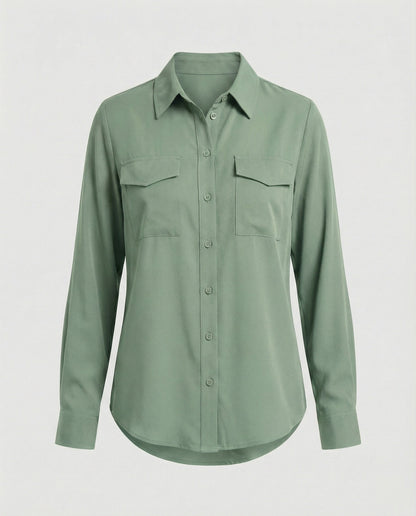 Damen Bluse Langarm Baumwolle Mit Brusttaschen