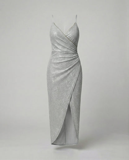 Damen Wickelkleid Hochgeschlitzt Glitzernd