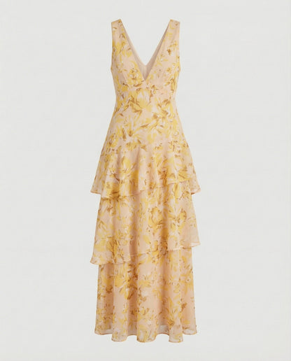 Damen Maxikleid mit Rüschen und tiefem Dekolleté