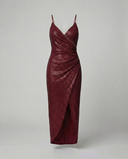 Damen Wickelkleid Hochgeschlitzt Glitzernd