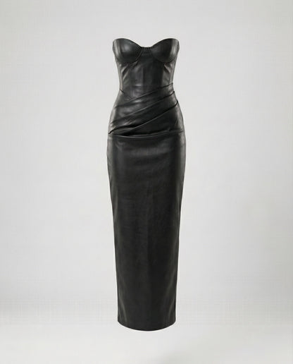 Damen Lederkleid Langärmlig Herz-Ausschnitt