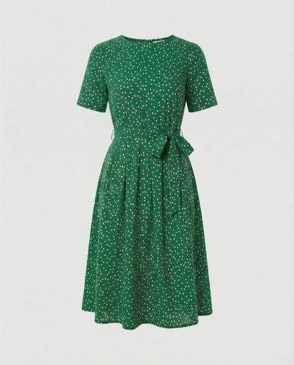 Damen Midi-Kleid mit Punkten und Taillengürtel Elegant