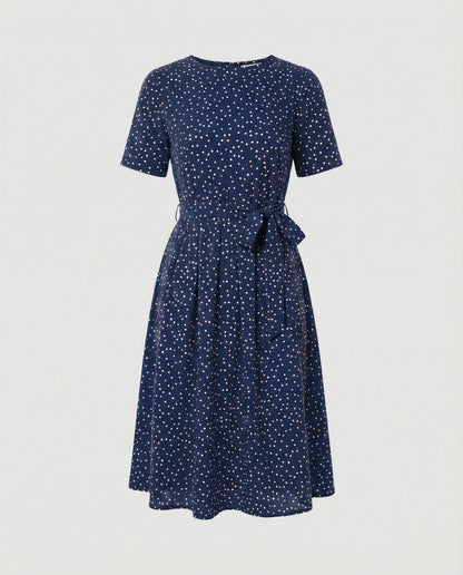 Damen Midi-Kleid mit Punkten und Taillengürtel Elegant