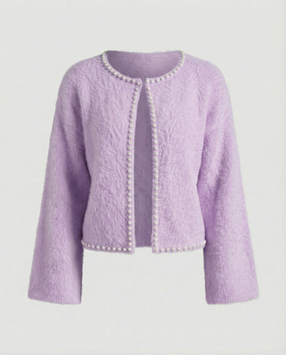 Damen Strickjacke Flauschig Perlen Verzierung