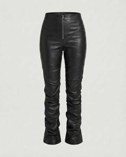 Damen High-Waist-Hose Kunstleder Weites Bein