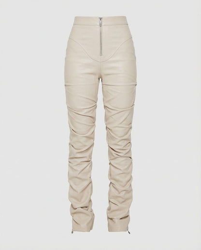 Damen High-Waist-Hose Kunstleder Weites Bein