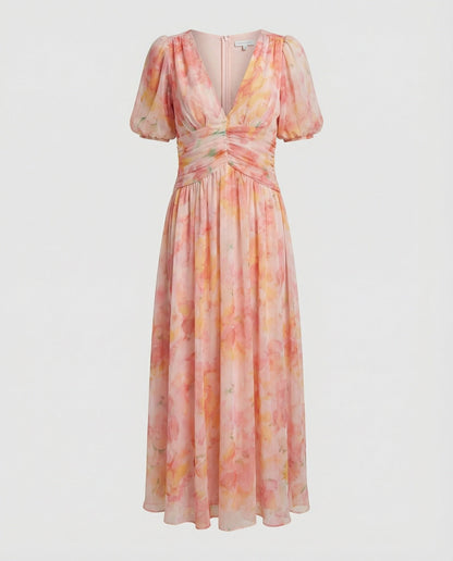 Damen Wickelkleid Lang mit Puffärmeln Maxikleid