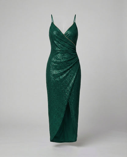 Damen Wickelkleid Hochgeschlitzt Glitzernd