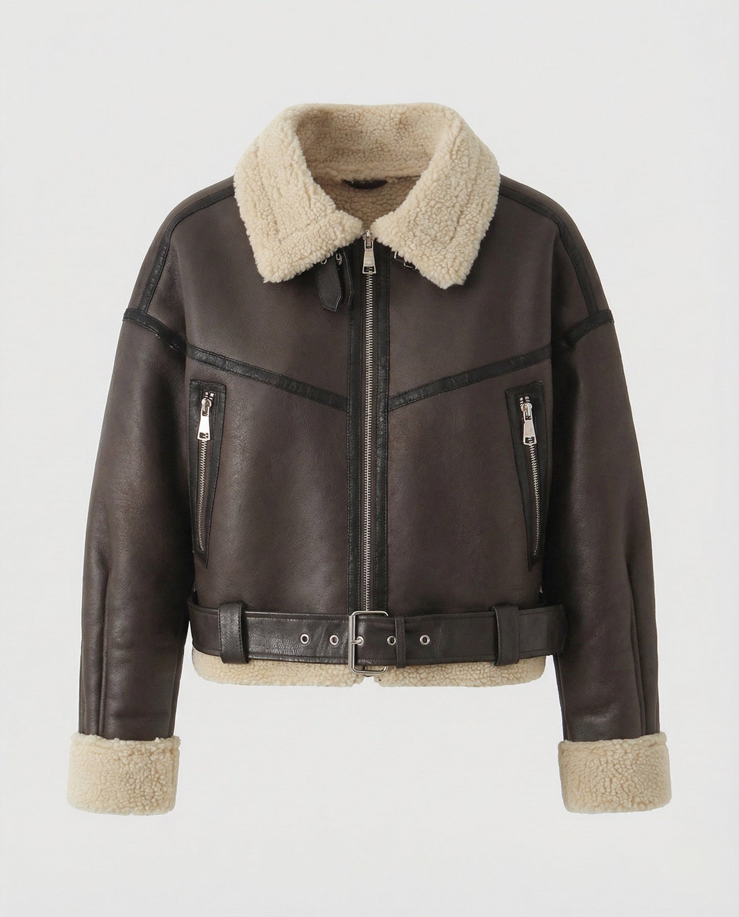 Damen Lederjacke Lang Teddyfutter Gürtel